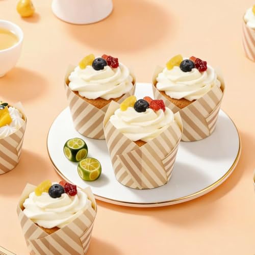 50 Pcs Tulip Cupcake Liners for Baking Cups, Natural Striped - color: Natrual Stripe
