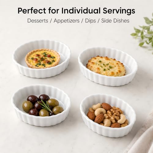 Creme Brulee Ramekins, 4 Pack Porcelain Mini Baking Dishes, 5.2 Inch