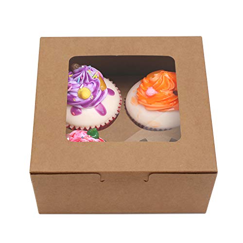 EUSOAR Muffins Boxes 4 Count, 50pcs Muffin Containers Cupcake Boxes with Insert and Display Window, Natural Color Kraft Cupcake Carrier Fits 4 Cupcakes or Muffins (6.4" x 6.3") - color: Kraft, size: 50pcs, 4 Holders