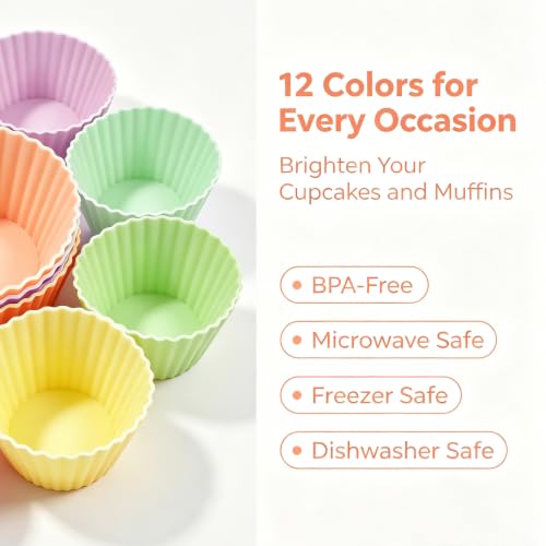 12 Pack Silicone Baking Cups, 6 Colors Silicone Muffin Liners Reusable - color: Macaron
