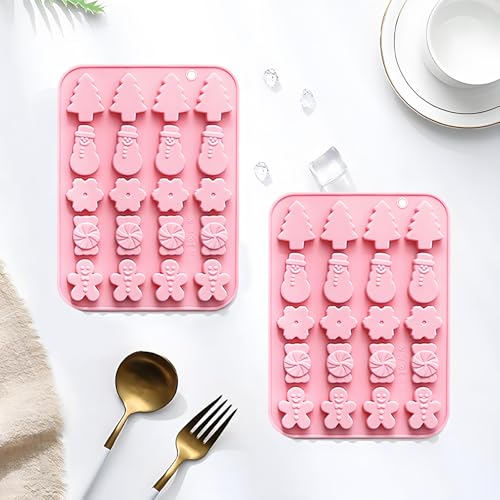 Christmas Silicone Candy Molds, Holiday Shapes with Snowman, Tree, Gingerbread Man, 2-Pack, Pink - color: QY297