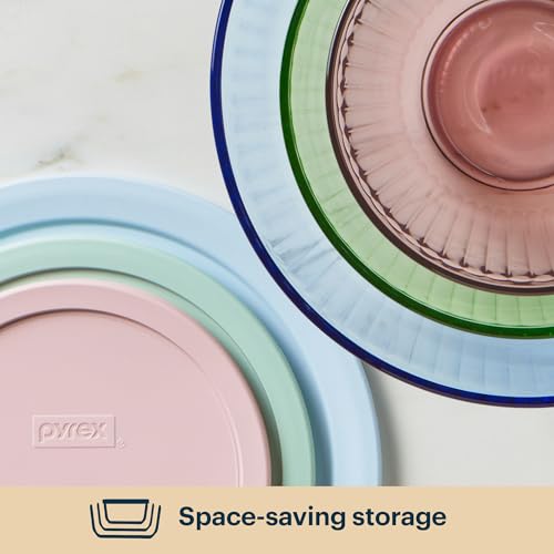 Pyrex Colors (3-Pack) Sculpted Tinted Glass Mixing Bowls with Plastic Lids - color: Pink, Green, Blue, size: 3-Pack, Small/Medium/Large, With Lids