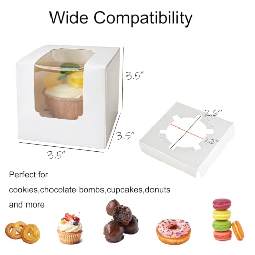 30 Pack Single Individual Cupcake Boxes with Window & Inserts, Auto Pop Up Stackable Food Grade Disposable Muffin Containers 3.5x3.5x3.5 Inch White To Go Bakery Party Favor Gift Boxes - size: 3.5x3.5x3.5 inch