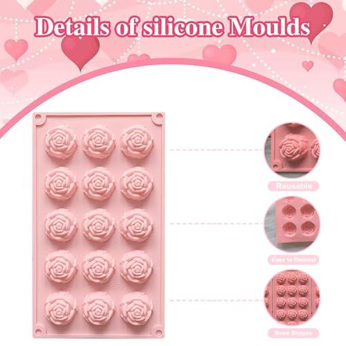 2pcs Rose Silicone Chocolate Mold Valentine’s Day Mini Rose Flower Shape Candy Mold 15 Cavity Silicone Mold For Valentine’s Day Wedding Cake Decorating