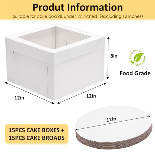 Moretoes 30 Pack 12 Inch Cake Boxes With Cake Boards (15 Boxes & 15 Boards) - size: 30pcs-12*12*8in