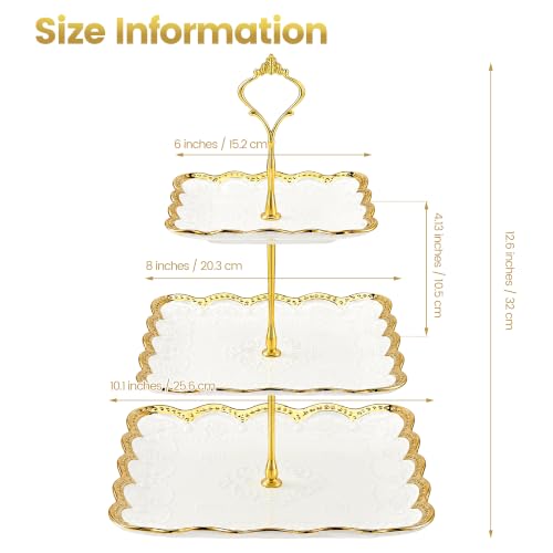 Kochorie 3 Tier Square Ceramic Cupcake Stand Gold Rim White Serving Tray - style: Square