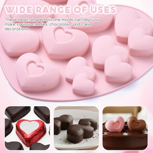 Valentines Silicone Mold Pink Heart Silicone Chocolate Mold with 3 Types Different Heart Pattern Desidn Reusable Silicone Molds 10-Cavities Non-Stick Baking Molds for Candy Pudding Jelly Making - color: Valentines Styl 46