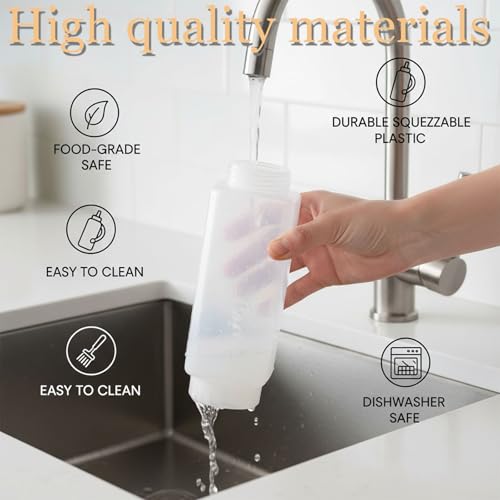 Pancake Batter Dispenser Bottle with Mixing Balls, Clear Measuring Squeeze Container, Leakproof Cap,Batter Mixer Tool for Waffles, Crepes, Cupcakes with Spatula and Brush - Rounded