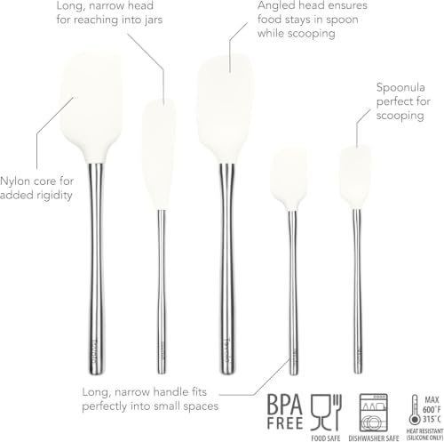 Tovolo Stainless Steel Handled Silicone Spatula Set of 5 White, Dishwasher Safe Kitchen Spatula Set for Cooking Baking, Non Toxic BPA Free Silicone Spatula set with Metal Steel Handle - color: White, style: Stainless Steel Handle