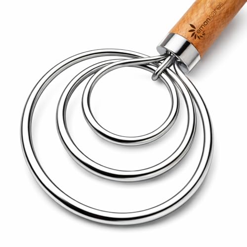 Danish Dough Whisk for Sourdough – Thick Stainless Steel Dutch Whisk with Ergonomic Oak Handle – Heavy-Duty Dough Mixer for Bread & Baking - size: Round Coil