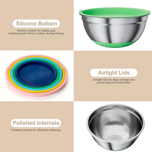 ENVTEK Stainless Steel Mixing Bowls Set with Lids,Silicone Bottoms,Colorful - color: Colorful