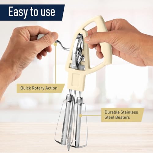 Rotary Egg Beater Manual Hand Crank Mixer - Stainless Steel Hand Mixer with Double Rotating Heads for Beating, Blending, and Whipping - Dishwasher Safe Kitchen Gadgets by Kings County Tools (Cream) - color: Cream White