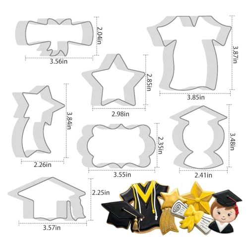Graduation Cookie Cutters Set of 7, Stainless Steel, Cap Gown Diploma Graduate Star Shapes, for Graduation Celebration Party
