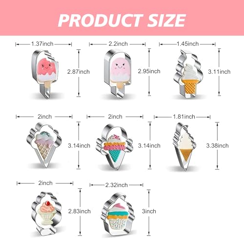 Ice Cream Cookie Cutters 8-Pc. Set, Ice Cream Cutters Stainless Steel Fondant Cutters, Popsicle, Hard and Soft Serve Ice Cream Cone (Cartoon Cookie Cutters Set) - color: Ice Cream Sets