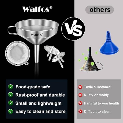 Stainless Steel Funnel, Walfos Kitchen Funnel with 2 Removable Strainer ＆ 1Pc Cleaning Brush, Perfect for Transferring of Liquid, Oils, Jam, Dry Ingredients & Powder (Big, 4.9") - color: 1pcs 4.9in Stainless Steel