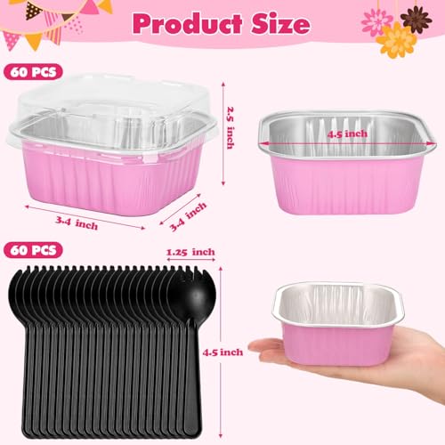 selizo 60 Pack 10oz Mini Disposable Cake Pans with Lids, Aluminum Foil Square Baking Cups, 4.4x4.4 Large Baking Cake Tins Cup Cake Containers with Lids for Thanksgiving Individual Cakes - color: Pink, size: 10oz