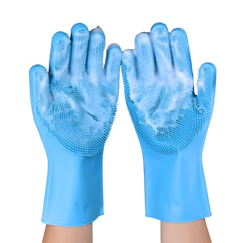 Silicone Dishwashing Gloves with Scrubbers, Pet & Dish Scrubbing（1pair, 12.2" L）