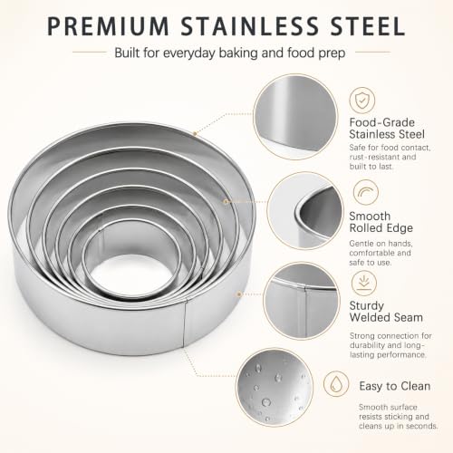 6-Piece Stainless Steel Round Cookie Cutter Set, Circle Baking Cutters for Cookies, Pastries, Donuts and Sandwiches
