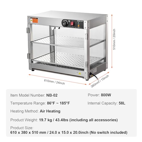 VEVOR 2-Tier Commercial Food Warmer Display, 800W Food Display Warmer with Light to Enhance Food Display, 86℉~185℉ Temperature Control, 58L Large Capacity for Hamburger, Pizza, Bread, Fried Chicken - size: 2-Tier-61Qt