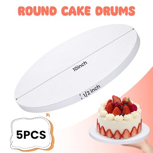 Cake Boards Drums 10 Inch Round, 1/2" Thick Decorating Supplies White 5-Pack Sturdy Corrugated Cardboard Base, Base para Pastel