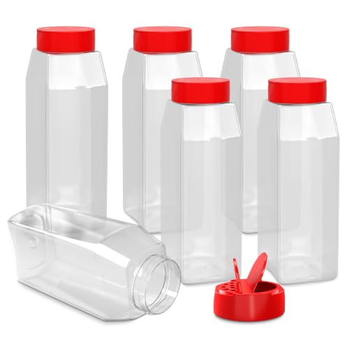 6 Pcs Seasoning Shakers 32 Oz, Red Lids, Clear Plastic Spice Jars - color: Red