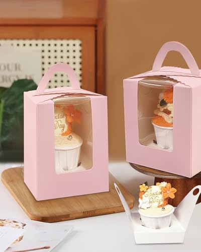 Bakepacker Auto-pop up Cupcake Boxes, Pink, 3.7 x 3.7 x 4.3 inch, 25 Count - color: Pink, size: 3.7x3.7x4.3inch/25packs