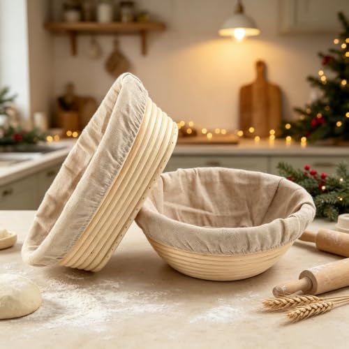 Banneton Bread Proofing Basket with Brochure Set of 2, Sourdough Baking Supplies for Rising, Round & Oval Proving Baskets with Liners, Handmade from Quality Natural Indonesian Rattan - size: Round & Oval