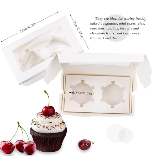30 Pack White Paper Cupcake Boxes with 2 Cavity Cookie Gift Boxes with Clear Window 2 Treat Holder Cupcake Containers Bakery Cake Box for Birthday Party Holiday Bakery Supplies