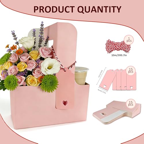 15 Pack Pink 2 Cup Drink Carrier with Handle, Disposable Cardboard Coffee Cup Holder for Hot or Cold Drinks, Coffee Carrier with Ribbon & Card for Food Delivery, Takeout and Bouquet Arrangement - size: 15