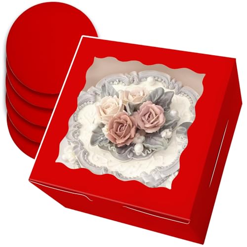 qiqee 8x8x5 Cake Box, 18 Sets Red Cake Box with Window ＆ 18 Sets 8" Red Cake Round Boards, 8inch Cake Containers - color: Red, size: 18 Sets /8x8x5