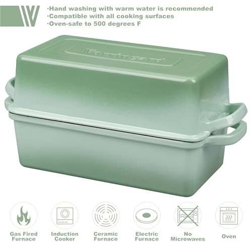 VORRINGARD Enameled Cast Iron Loaf Pan with Lid, Double Bread pan, Bread Dutch Oven for Sourdough Bread Baking, Cake, Meatloaf, 10X5.5 inch, 4 Quart, Green - color: Green