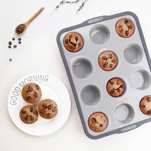 Aichoof 12 Cup Silicone Muffin Pan, Non-Stick Baking Mold w/Steel Frame - size: 12 Cup Muffin Pan(Grey, 1-PCS)