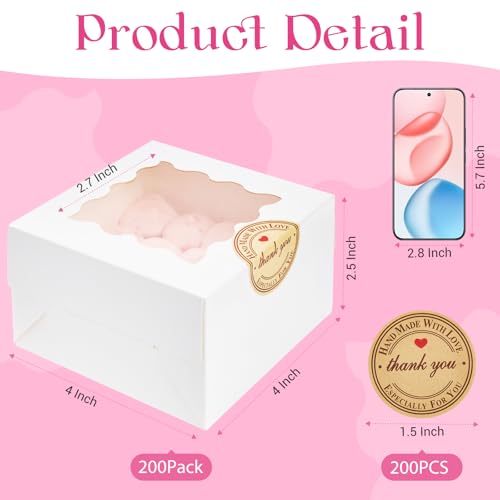 Homrelaxy 200 Pcs Cookie Boxes with Window, 4"x4"x2.5" Small Bakery Boxes