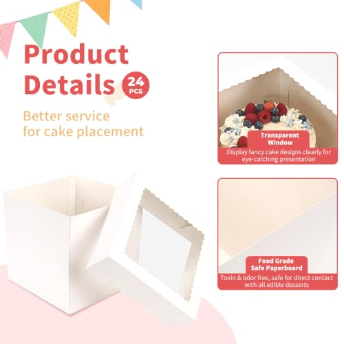 24pcs Cake Boxes 8 Inch Disposable Bakery Boxes with Large Window - size: 8x8x8