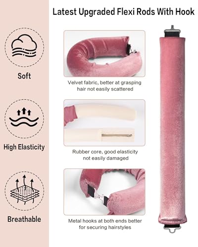 Seritant Heatless Curls Overnight with Satin Head Scarf, Velvet Hair Rollers for Blowout Look, No Heat Curling Rod for Long Thick Hair, Soft Sleep In Flexi Rods - color: Rose