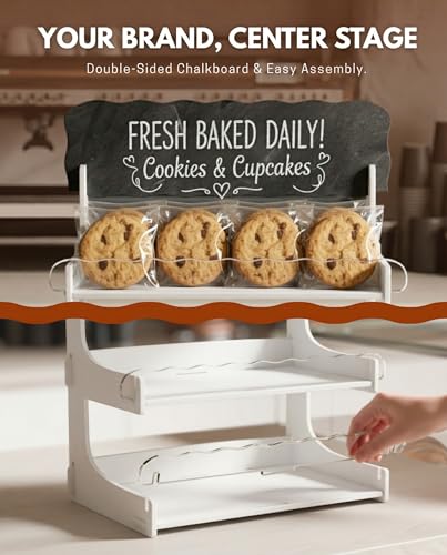 HOTCAN Cookie Display Stand for Bakers & Vendors with Acrylic Front | Wooden Dessert Stand with Chalkboard Sign for Market Booths, Craft Fairs & Events | 2 Tiered Cookie Display for Cupcakes, Muffins & Pastries (White) - color: White, size: 2 Tier