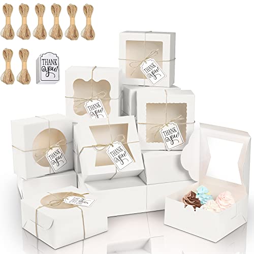 KPOSIYA 65PCS Bakery Boxes with Window 6x6x3 Inches 5 Style Cookie Boxes Small Pastry Boxes for Candy, Dessert, Pastry, Donuts, Birthday Party, Wedding(White) - color: White