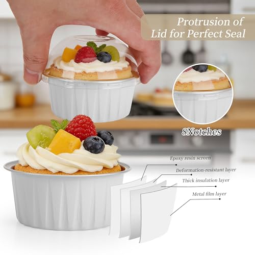 100-Pack 5 oz White Mini Cake Pans with Lids, Disposable Aluminum Foil Baking Cups, Muffin Tins, Ramekins for Cupcakes, Brownies, Flan, Pudding - Clean & Elegant for Wedding, Baby Shower - color: White