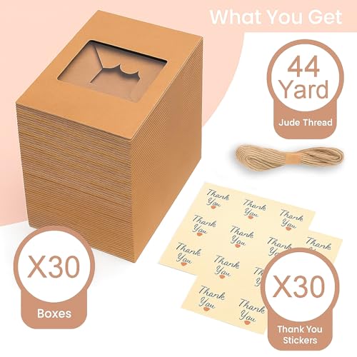 30 Pack 9x6x3in Cookie Boxes with Window, Bakery Boxes for Treats, Desserts - color: Brown