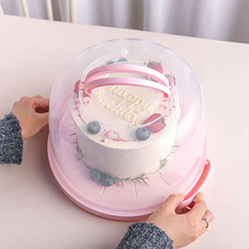 Cake Carrier Round Cake Stand Plus Height Cake Container with Cupcakes Pad, Handle, Lid Reusable Package Box for Transporting Desserts,Pie,Toast,Fruit - color: 10 inch Pink