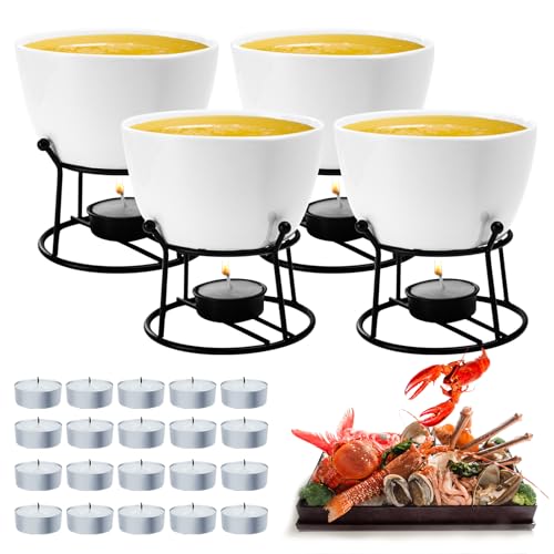Luvan 4Pcs 14.2oz Butter Warmers for Seafood, Butter Melter with Stands and 20Pcs Tealight Candles,Ceramic Butter Warmer Set for Lobster, Personal Fondue Set Melted Butter Cups for Seafood, Fondue - color: 12.8oz big butter warmer