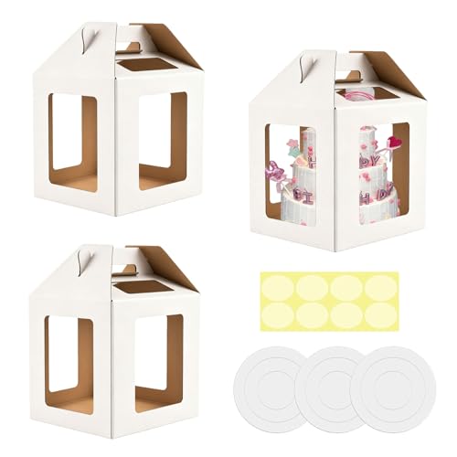 Cake Boxes - 3 Pack Tall Cake Box 12x12x14 Inch, 6 Windows - color: 12X12X14-3 Pack-White