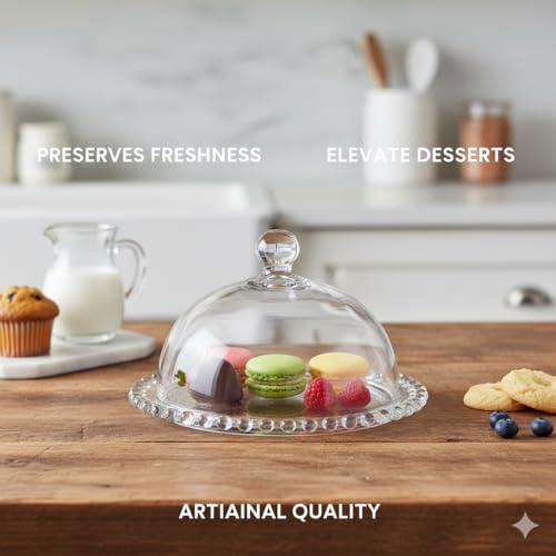 Clear Glass Mini Cake Stand with Dome, 4.5" Beaded Rim Dessert Display Plate for Cupcakes, Pastries, Cheese, Butter, and Table Decoration
