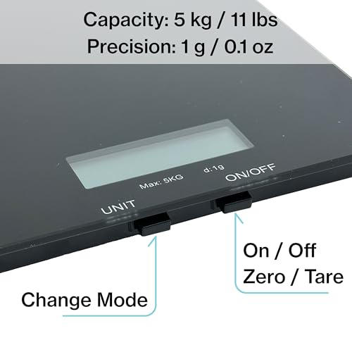 Glass Platform Digital Kitchen Scale - for Food Coffee Lab - LCD Display gram Ounces lb:oz fl.oz ml - 11 LB/5 KG Capacity - Battery Included - Black by The Display Guys - color: Glass - Black