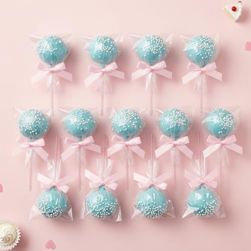 LemonRoad 320 Pcs Cake Pop Sticks and Wrappers Kit Treat Bags with Sticks Glitter Bows and Twist Ties for Mothers Day Lollipops Candies Chocolates Cookies Wedding Baby Shower Party Favor(Pink) - color: Pink
