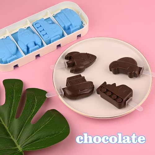 2 Pack Silicone Popsicle Molds, Cars, Ships, Train, Rocket and Dino Shapes - size: 2 Pcs Mini Cartoon - Green & Blue