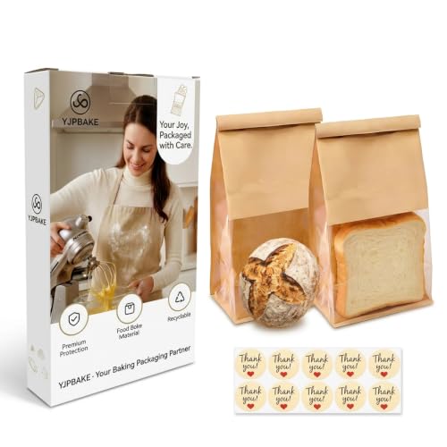 50 Pack Kraft Bakery Bags with Clear Window and Tin Tie - Greaseproof Cookie Bags and Treat Bags for Homemade Bread, Sourdough & Cookie Packaging