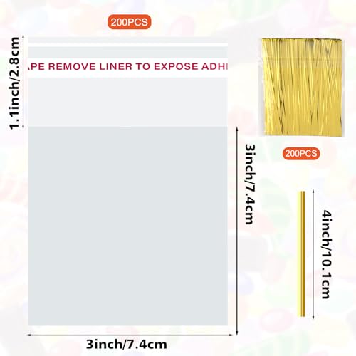 200Pcs Cookie Bags 3x3 Inches Cellophane Bags Self Adhesive Resealable Self Sealing Clear Cookie Bags with Twist Ties for Cookies Party Favors Bag - size: 3x3 Inches