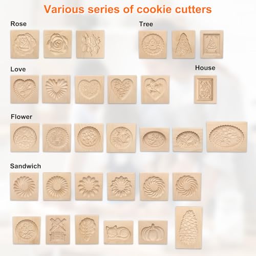 HARFINGTON Wooden Cookie Mould 3.94" x 3.94" Wooden Cookie Biscuit Mould Green Rose Carved Baking Cookie Tool Biscuit Press Stamp - style: Green Rose