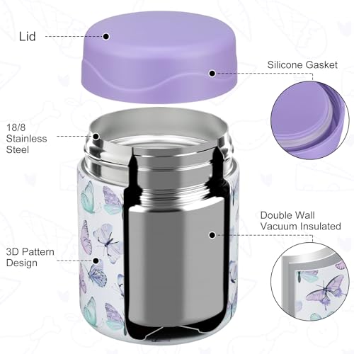 wiwens 12oz Soup Thermo for Hot Food Kids Insulated Food Jar Wide Mouth Lunch Container Leak Proof Stainless Steel Vacuum Bento Box for School Office Travel Outdoors White-Butterfly - color: White-Butterfly